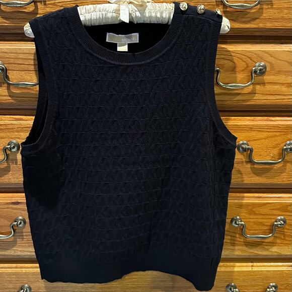 NWT Michael Kors Women’s Sz Sm & Med Black Sweater Vest Gold Logo Buttons K626 - Picture 3 of 14